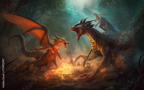 Two dragon fighting over a fire in a forest