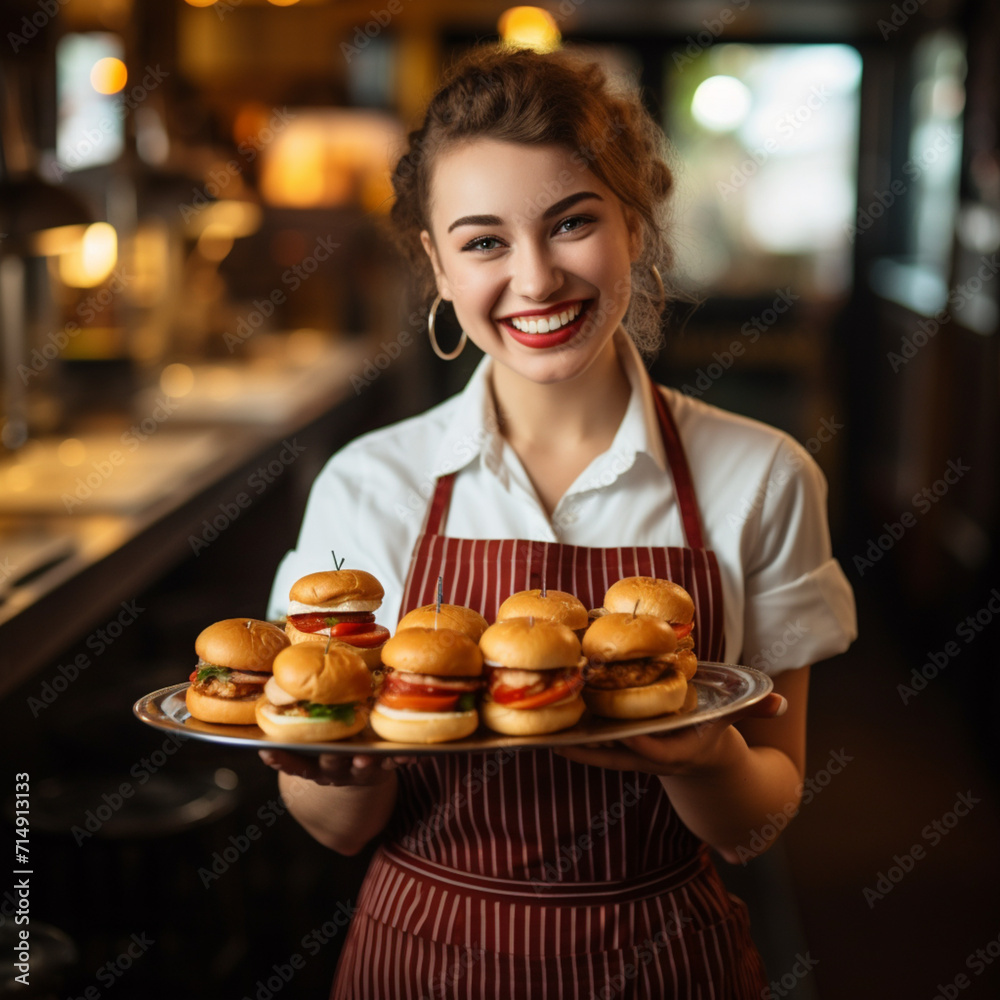 Waitress with a tray of hamburgers.
