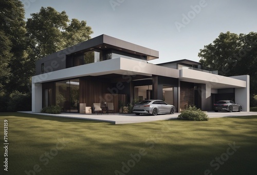 A set of three modern contemporary houses with garage isolated on transparent background family hous © ArtisticLens