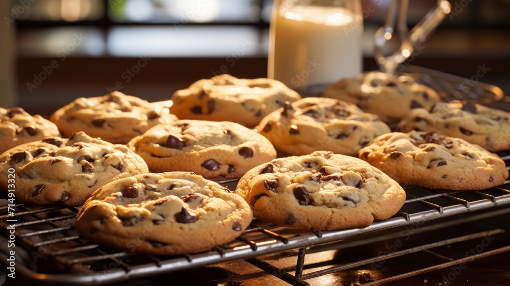 Freshly baked chocolate chip cookies cooling on a wire rack, with a homely and inviting kitchen setting Freshly baked chocolate chip cookies cooling on a wire rack, with a homely and inviting kitchen setting