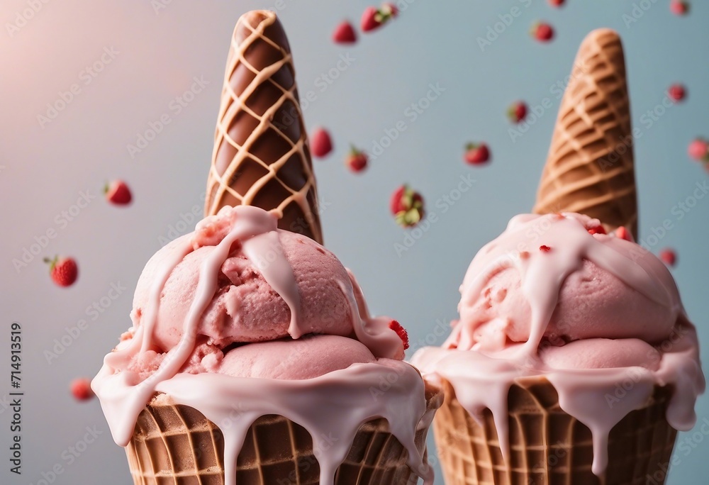 Chocolate vanilla and strawberry Ice cream with topping in the cone on transparent background