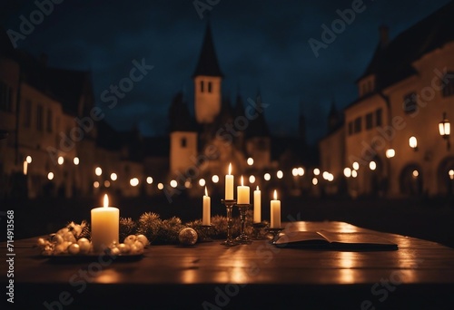 Christmas time Wooden table with candles in front of medieval Town Square in Christmas night Gothic