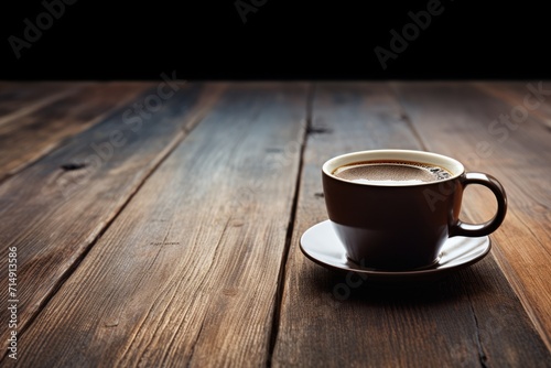 Cup of Hot Espresso on Wooden Desk with Blank Space