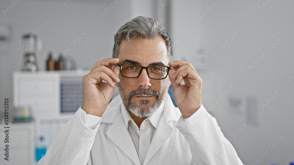 Handsome, grey-haired young hispanic male scientist seriously focused on medical experiment indoors in a vibrant lab - concentrating on analysis with microscope while standing at the work table Handsome, grey-haired young hispanic male scientist seriously focused on medical experiment indoors in a vibrant lab - concentrating on analysis with microscope while standing at the work table