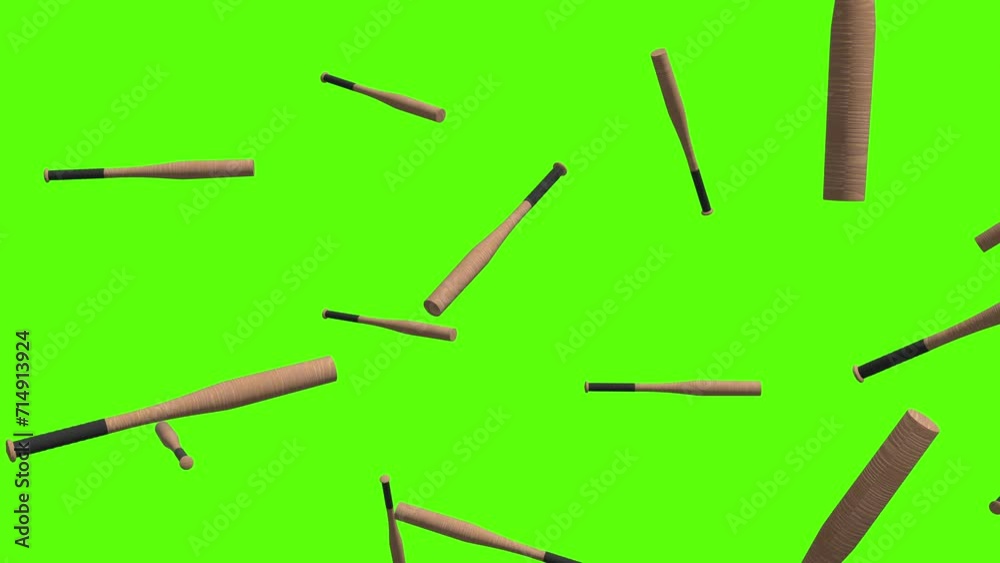 Baseball bats background. Falling wodeen baseball bats over green screen or chroma key. Rain of baseball bats across the screen Baseball bats background. Falling wodeen baseball bats over green screen or chroma key. Rain of baseball bats across the screen
