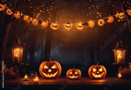Halloween party Wooden banner with pumpkin head jack lanterns burning candles bats in dark spooky my