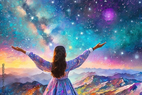 girl spreading hands to vibrant sky full of stars photo