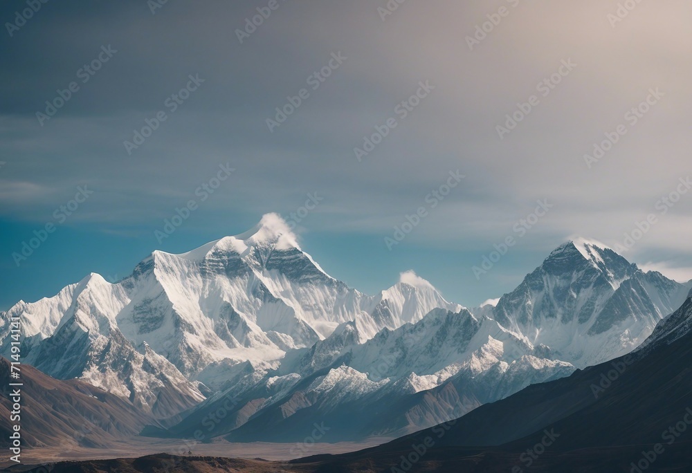 Panoramic view of himalayas mountains Mount Everest Panoramic view of the snowy mountains in Upper M - obrazy, fototapety, plakaty 