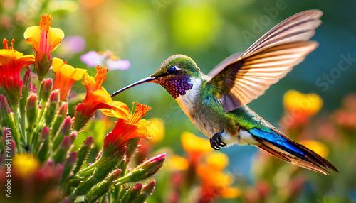 Beautiful Hummingbird Feeding on a Flower in a Wild Garden