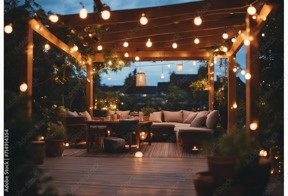View over cozy outdoor terrace with outdoor string lights Summer evening on the patio of beautiful s - obrazy, fototapety, plakaty 