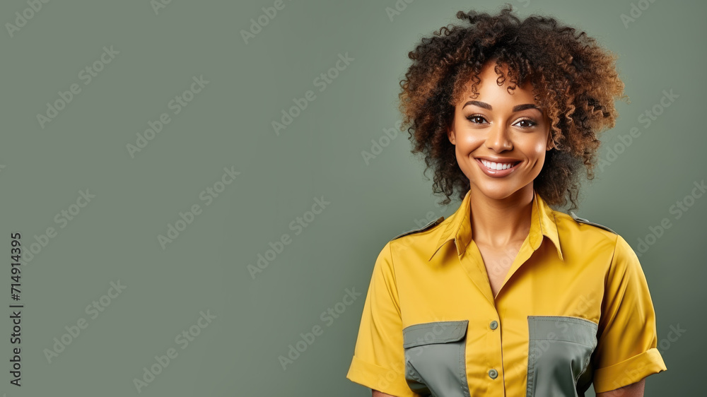 Afro woman in public transportation uniform on pastel background Afro woman in public transportation uniform on pastel background
