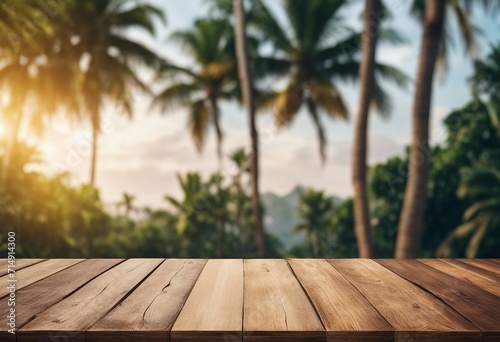 Top of wooden table on blur background with palm tree jungle or tropical cafe coffee shop bar or res