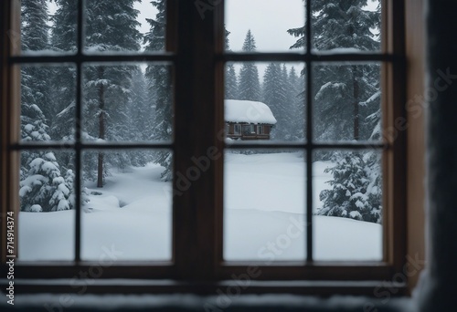 View through the window of a cottage into a snow covered winter forest landscape Snowy nature backgr