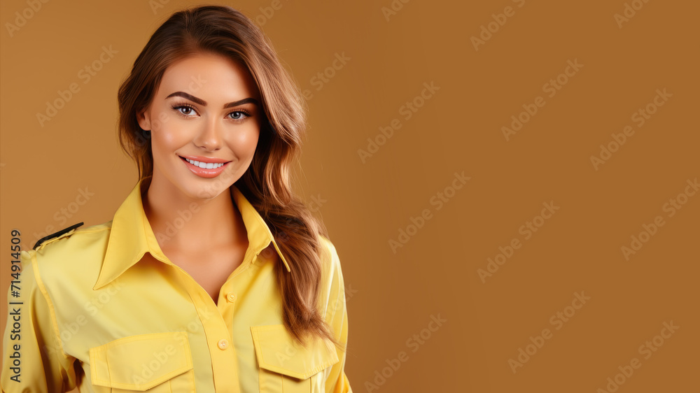 Brunette woman in public transportation uniform on pastel background Brunette woman in public transportation uniform on pastel background