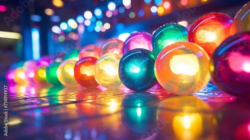 Dynamic close-up of multicolored pool balls, with a vibrant, blurred background of neon arcade lights