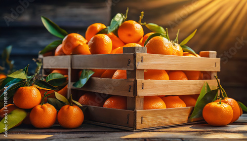 Harvest juicy tangerines in a wooden box