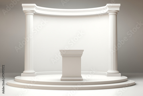 Podium with column in the white room. 3D rendering.