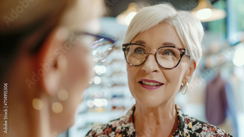 Mature ophthalmologist and female pensioner choosing a glasses at optics store