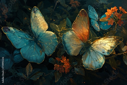 Ethereal twilight butterflies  their wings shimmering with the colors of dusk and dawn - Generative AI