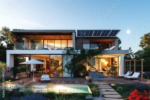 a modern villa with solar panels, big flowers garden photo