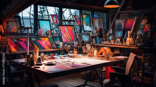 Vibrant artist's studio with a bright yellow notepad, colorful sketches visible, with a panoramic cityscape through the window