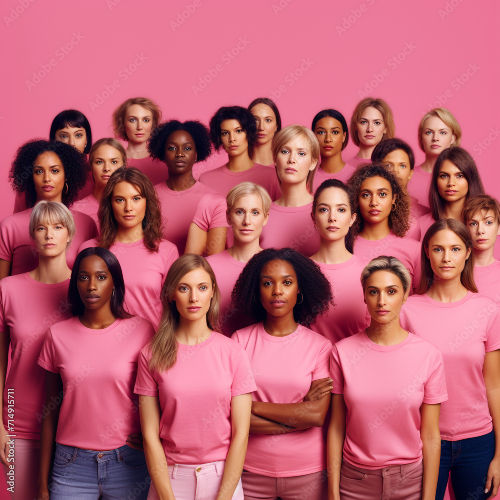Group of diverse women wearing pink t-shirts on a pink background. Group of diverse women wearing pink t-shirts on a pink background.