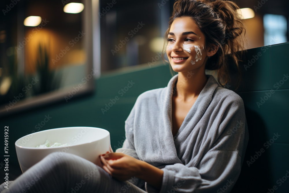 A woman sitting in the bathroom in foam with a moisturizing mask on her face A woman sitting in the bathroom in foam with a moisturizing mask on her face