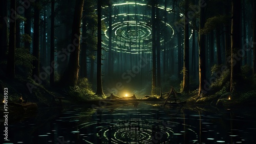 Mystical forest with a hidden lake, the trees forming intricate patterns that hint at ancient symbols photo
