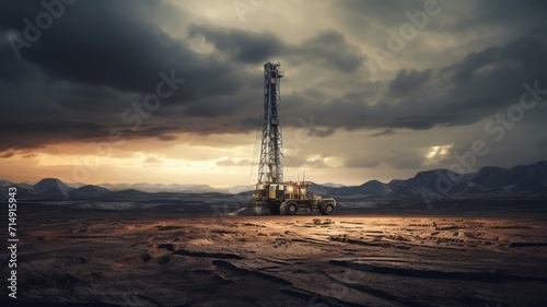 An isolated drill on a barren landscape under a stormy sky, capturing a sense of desolation and raw power
