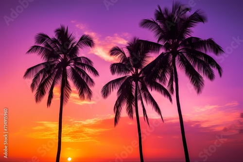 Tropical beach sunset with palm trees silhouetted against a gradient sky blending shades of orange  pink  and purple.