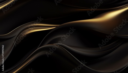 Elegant black silk fabric with golden highlights, creating luxurious waves, suitable for backgrounds or wallpaper.