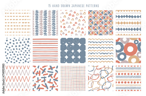 15種類の手描きのシンプルなシームレスパターンコレクション