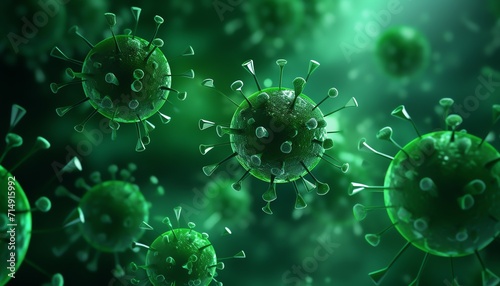 3D illustration of green viruses on a dark background, representing a microscopic view of pathogens.