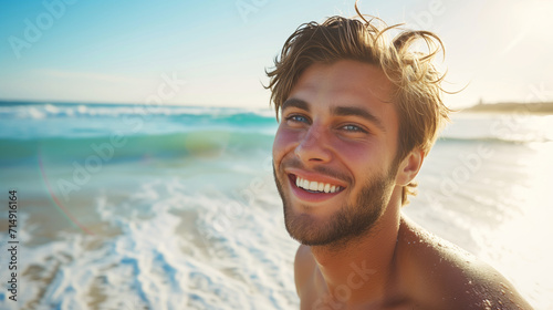 a happy attractive young man enjoying himself on a sunny beach during a warm day. Man on the beach in the summer. travelling alone concept, happy moment. 