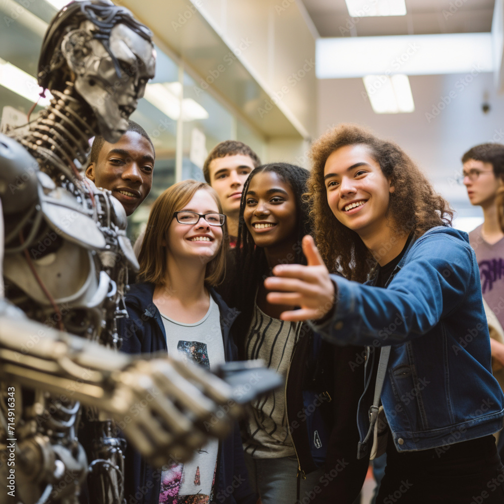 Students with a robot.