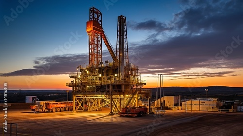 Powerful drilling rig at dusk, its steel structure illuminated by the fiery glow of a setting sun