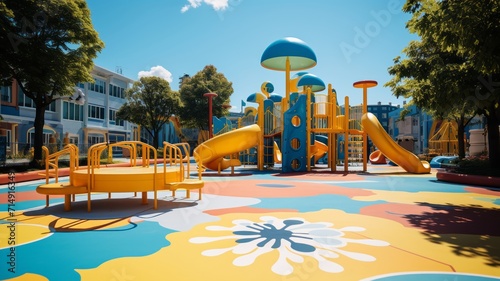 An inviting and vibrant children's play area, with a focus on the joyous shapes and sunny atmosphere