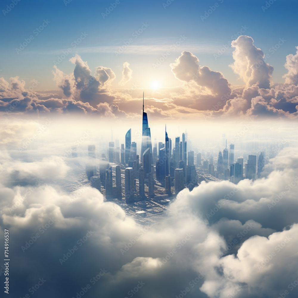 Skyscrapers above the clouds.