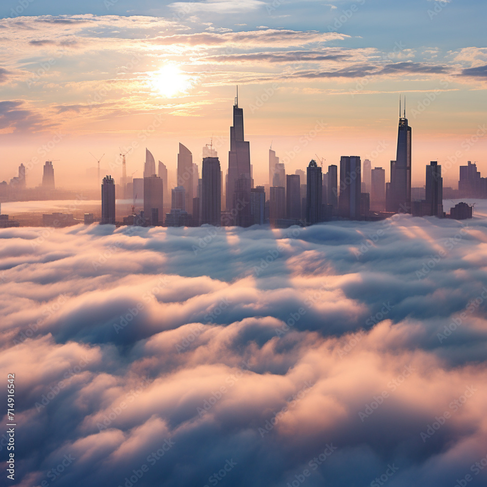 Skyscrapers above the clouds.
