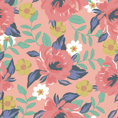 Hand drawn fancy retro bold flower doodle seamless pattern