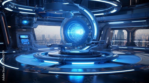High-tech space station, sleek with metallic and glass elements, accented with orbs of cool neon blue