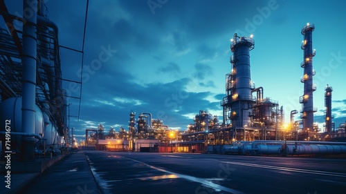 An industrial complex in twilight, cool blue tones dominating, pipes and reactors silhouetted against a fading sky photo