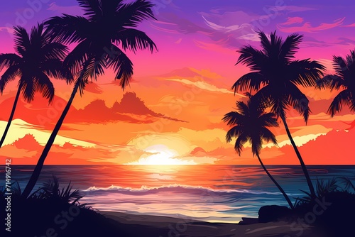 Tropical beach sunset with palm trees silhouetted against a gradient sky blending shades of orange, pink, and purple.