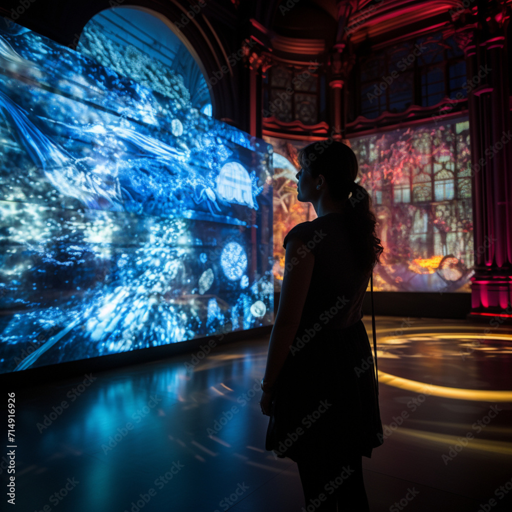 Woman in a museum with 3d views. Technological and interactive museum. Woman in a museum with 3d views. Technological and interactive museum.