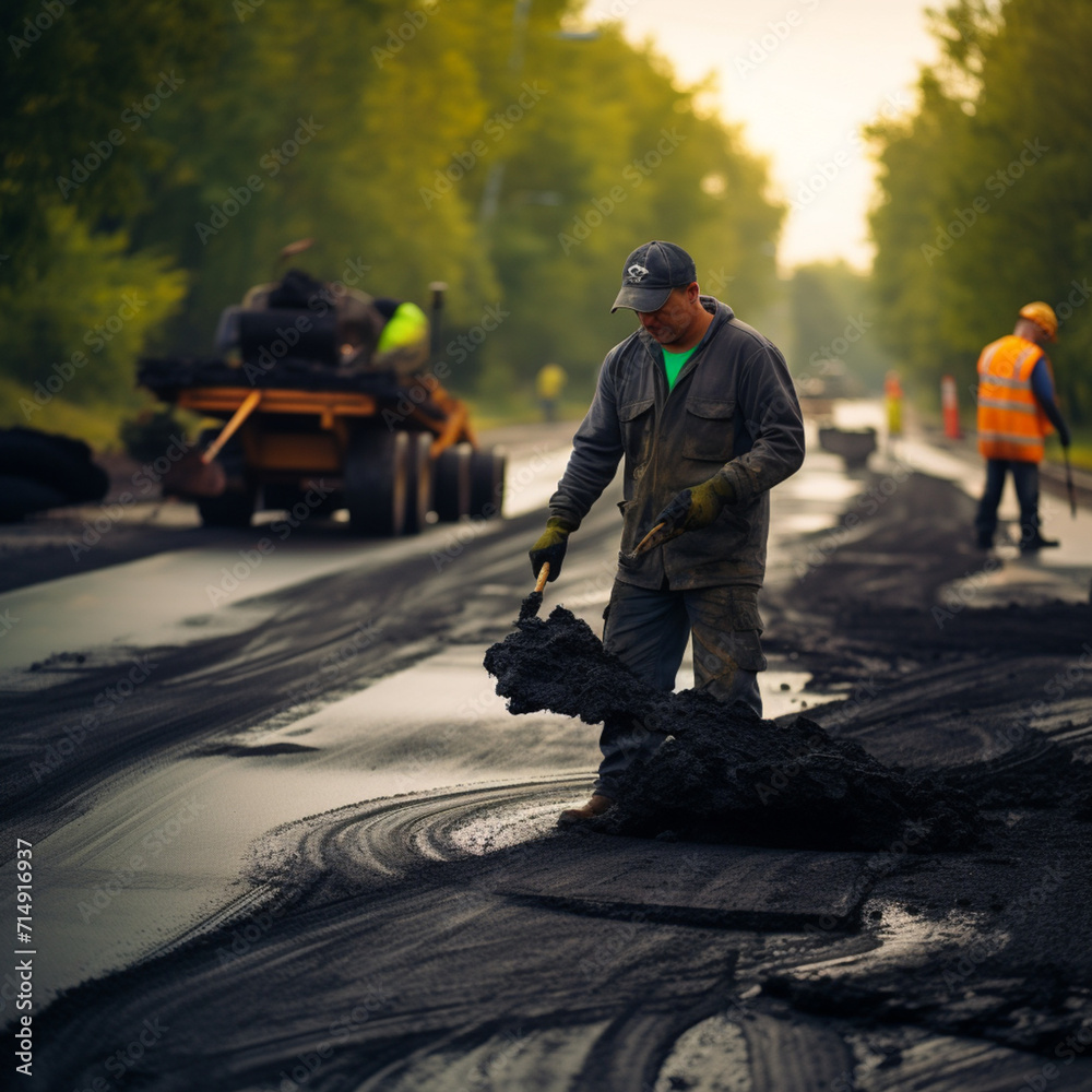 Workers paving the road.