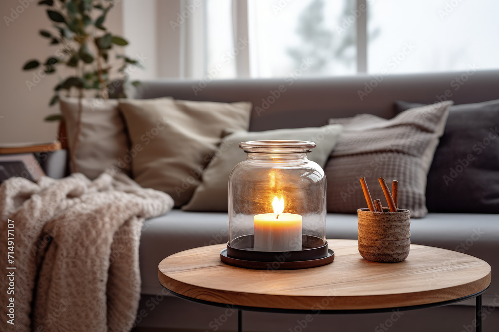 Close-up view of a round glass jar with a burning candle on a rustic wooden coffee table, set in a minimalist loft-style modern living room.
