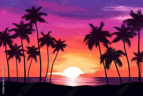 Tropical beach sunset with palm trees silhouetted against a gradient sky blending shades of orange, pink, and purple. © LOVE ALLAH LOVE