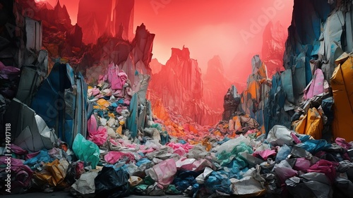 An industrial recycling facility with mountains of colorful crushed cans under harsh fluorescent lighting © deafebrisa