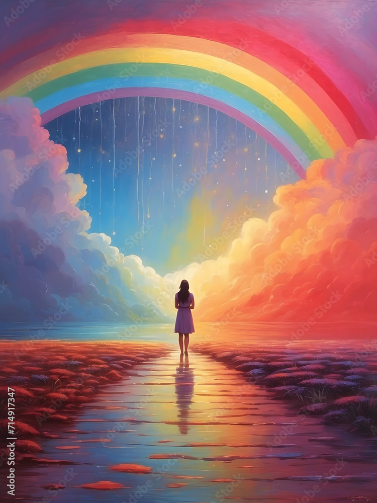 A lonly woman walking on a path with rainbow in the background