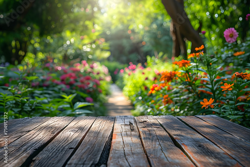 Foreground Wooden Table, Blur of a Beautiful Flower Garden Background